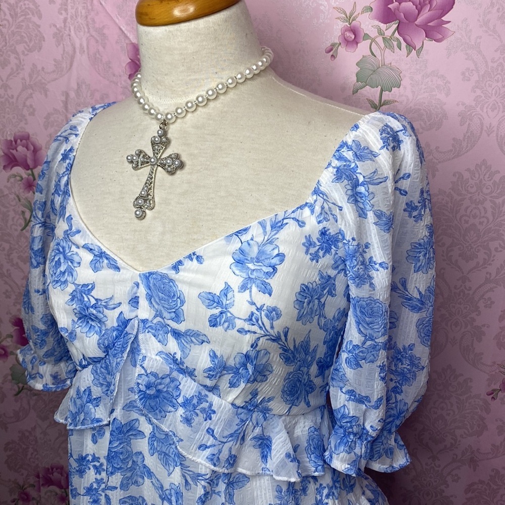🌹 Trixxi 🌹 NWT Blue & White Floral Ruffle Babydoll Dress - Picture 4 of 16